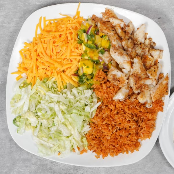 A white plate with seasoned fish, orange rice, shredded cheese, mango salsa, and lettuce.