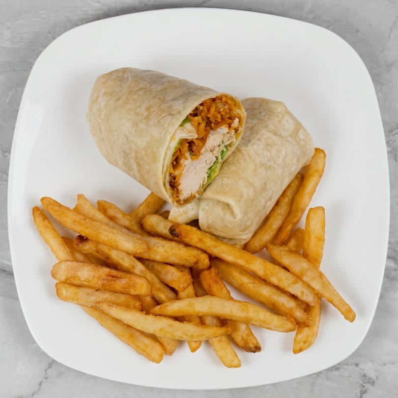 Two chicken wraps with orange filling and lettuce, served with a side of golden french fries.